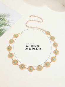 1pc Adjustable Hollow Floral Turquoise Micro-Inlaid Gold Waist Chain, Bohemian Beach Dress Accessory - Gold - View 5
