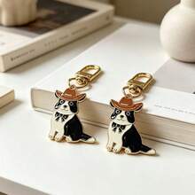 Cartoon Cowboy Puppy Single Pendant Keychain, Cute Border Collie Enamel Key Chain Wearing Cowboy Hat And Bowtie, Compact Holiday Commemorative Gift For Pet Lovers, Western Style Wallet Accessory, Party Favor For Animal Lovers - Multicolor - View 3
