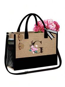 Women's Beach Tote Bag With Shoulder Strap, Pink Peony Flower A-Z Letter Print Tote Bag, Comes With Shoulder Strap And Makeup Bag; Vacation Beach Commute Shopping Bag, Gift Bag With Side Pockets, Large Capacity Handbag, Can Hold Books, Cosmetics, Parasol, Suitable For Daily Commute, Travel, Picnic, Camping, Students, Large Capacity Laptop Tote Bag, Student Commute Canvas Bag, Back To School Gift, Teacher's Day Gift - Multicolor - View 34
