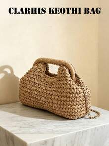 Elegant Women's Crochet Woven Bag, Soft Raffia Texture Handbag, Unique Woven Pattern, Fashion Accessory For Summer Outings And Casual Wear - Khaki - View 1