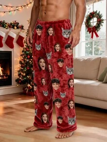 1pc Men's Customized Face & Pet Cat Photo Red Pajama Pants, Personalized Christmas Home Lounge Pants, Christmas Gift For Husband - Multicolor - View 3
