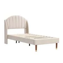 Upholstered Bed 90*200 With Slatted Frame And Headboard, Youth Bed, Single Bed, Wooden Slat Support, Easy Assembly, Velvet, Beige - 米色 - 查看 1