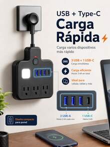 Cable de extensión corto con puertos USB, protector contra sobrecarga con múltiples enchufes, 3 tomas de corriente y 4 USB (1 USB C 5V/1A), estación de carga de pared plana con luz nocturna suave para el hogar, oficina o dormitorio - Tipo de Enchufe A USA (110-127V) - Ver 3