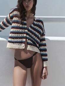 Women's Striped Short Cover Up Loose Long Sleeve Summer Cover-Up - Multicolor - View 2