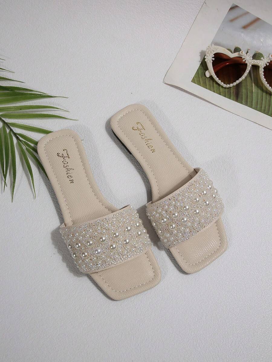 Elegant White Pearl Crystal Summer Outdoor Flat Slide Sandals - Beige - View 1