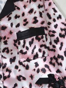 Leopard Print Women's Satin Long Sleeve Long Pants Pajama Set - Pink - View 8