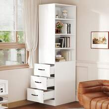 =N880P3183334W 180cmhohes, Extra Narrow Bookcase With Side Drawers - Adjustable Shelves, Interchangeable Left And Right, Suitable For Small Spaces - Bookcase, Living Room - Tall Cabinet - White - View 4