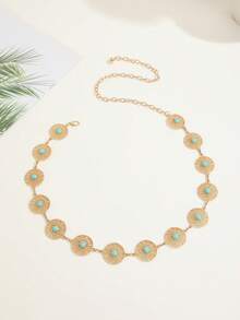 1pc Adjustable Hollow Floral Turquoise Micro-Inlaid Gold Waist Chain, Bohemian Beach Dress Accessory - Gold - View 1