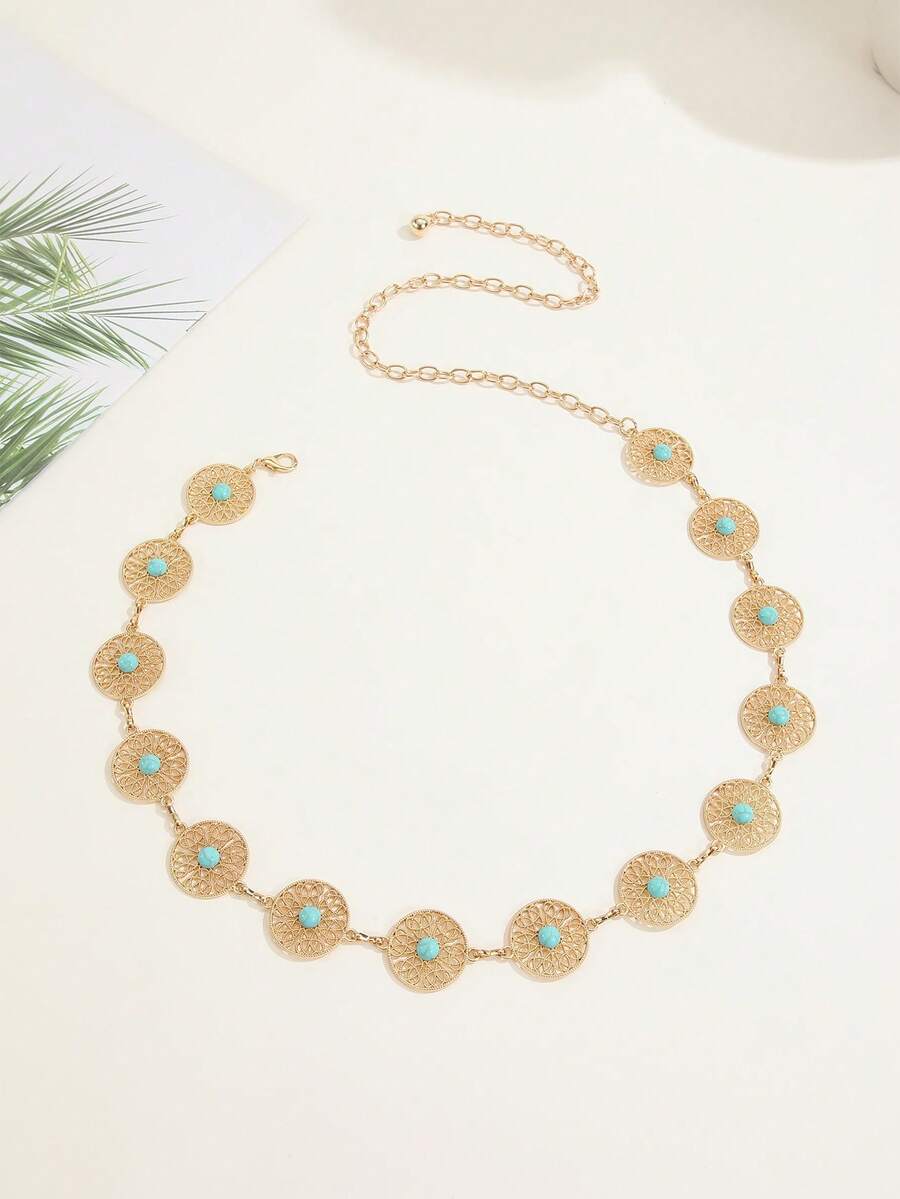 1pc Adjustable Hollow Floral Turquoise Micro-Inlaid Gold Waist Chain, Bohemian Beach Dress Accessory - Gold - View 1
