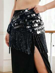Shimmer Coin Tassel Belly Dance Hip Scarf With Dangling Charms For Festival Rave, Cosplay Costume, Dance Training And Performance - Multicolor - View 5