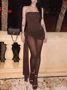 Women's Sleeveless Strapless Bodycon Jumpsuit With Semi-Sheer Contrast Mesh, Long Length Polyester One-Piece, Perfect For Night Out - Coffee Brown - View 2