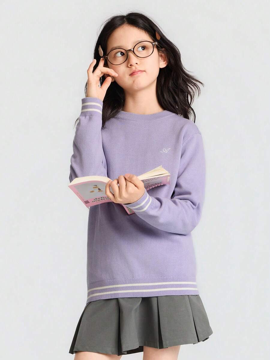 Balabala Suéter de punto suave para niña preadolescente, top básico tipo pullover cómodo para capas en otoño e invierno, para niños y niñas - tono morado blanco - Ver 1