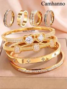 Camhanno 8pcs Creative Stainless Steel Plated 18K Gold Set, Full Diamond Bracelet, Ring, Date Wear Bracelet - Gold - View 6