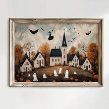 1pc Frameless Vintage Spooky Halloween City Wall Art Print, Whimsical Witch & Ghost Decor For College Dorm, Party, Bedroom, Gift - Witch - View 4