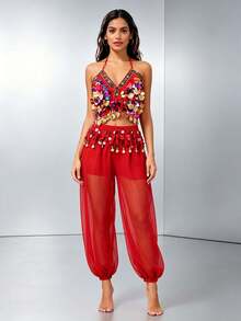 Professional Belly Dance Beaded Coin Fringe Halter Crop Top, Elastic Waist Dot Mesh Harem Pants For Dance Training, Cabaret Shows And Competitions - Multicolor - View 15