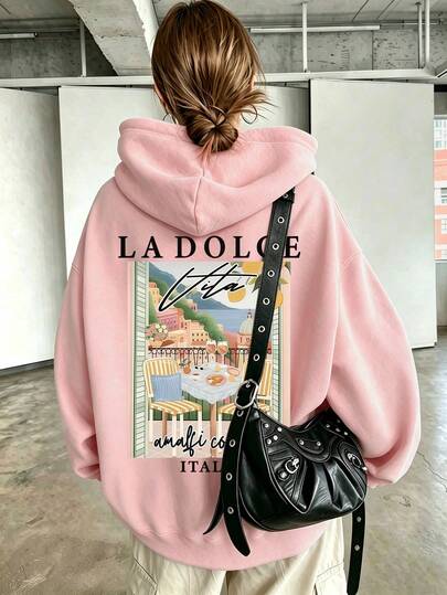 Sudadera con estampado de letras de pintura al óleo, sudadera casual de manga larga con bolsillo para mujer talla grande, otoño/invierno, rosa