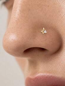 1Pc 925 Sterling Silver Five‑Pointed Star CZ Nose Stud Flat Back Hypoallergenic Body Cartilage Piercing Jewelry For Women Men Daily Wear & Gifts - Gold - View 4