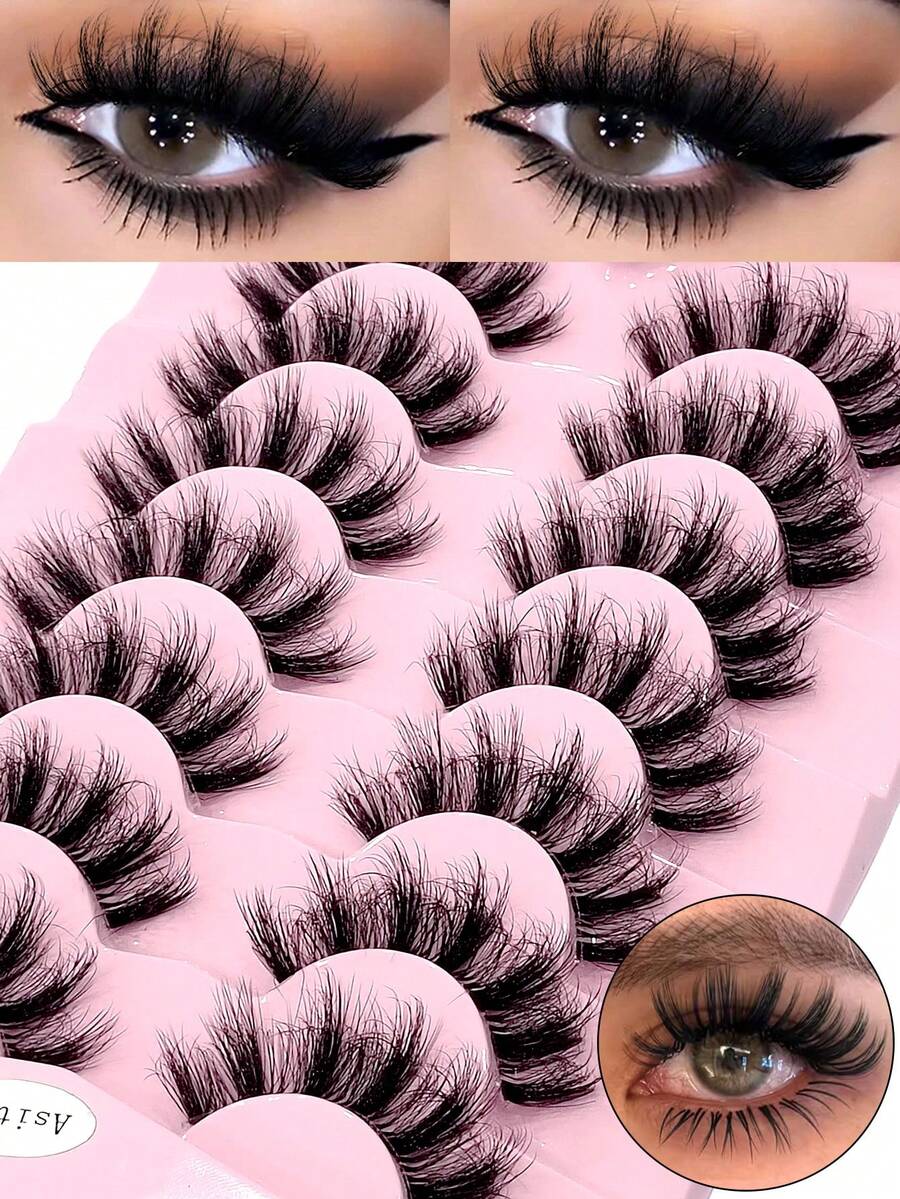 Asiteo 7 Pairs Thick Cat Eye Transparent Band Faux Mink Eyelashes Fluffy Natural Long Soft Volume For Vacation Makeup Extension - Black - View 1