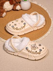 HOEASE Girls' Winter Plush Lined Garden Clogs, EVA Soft Sole Comfortable Indoor Slippers, Slip-On Design, Ideal Gift For Halloween And Christmas - Beige - View 4