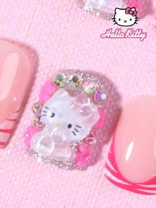 Sanrio Hello Kitty 24片短方型 3D凝膠亮片豹紋法式指尖穿戴甲，可愛3D Hello Kitty裝飾搭配水鑽與花朵設計，完美貼合的壓克力假指甲套組，含1片果凍膠與1個指甲锉 - 彩色 - 查看 3