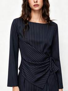 Women's Tie Waist Casual Striped Set, Office Professional Loose Minimalist Autumn Striped Two Pieces Outfit - Navy Blue - View 8