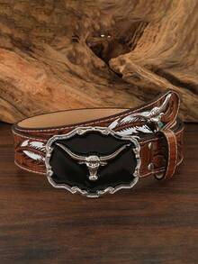 1pc Valentine's Day, Carnival, Christmas, Birthday Gift, Street Western Bull Head Buckle, American Cowboy PU Men's Belt, Brown And Black Optional - Multicolor - View 9