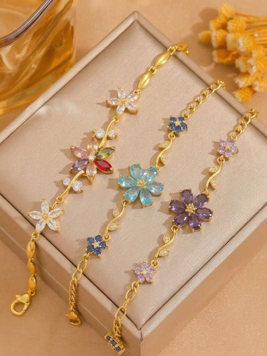 3pcs/Set Colorful Zirconia Flower Bracelet, 18K Gold Plated Luxury Floral Colorful Diamond Petal Thin Bracelet For Women - Gold - View 1
