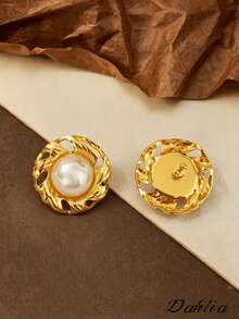 1 Pair Gold Stainless Steel Faux Pearl Stud Earrings, Exaggerated Round Fashion Elegant Personalized Earrings, Suitable For Women's Daily Wear, Halloween, Women's Jewelry - Gold - View 5