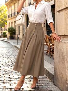 Perirose Women's Khaki Elegant Office High Waisted Button Front Pocket A Line Midi Skirt Flowy Elastic Back Long Skirt Fall Winter Casual - Khaki - View 5