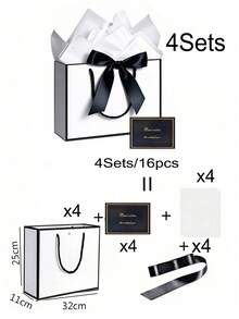 4件組禮品袋套裝，包含1個禮品袋、1張棉紙、1條緞帶和1張卡片，購物袋，附手柄包裝袋，蝴蝶結裝飾手提袋，高檔紙袋，適合女孩婚禮派對、聖誕節、感恩節、新年、婚禮、生日禮物包裝袋，情人節伴娘女友派對禮物，情人節及其他場合 - 彩色 - 查看 23