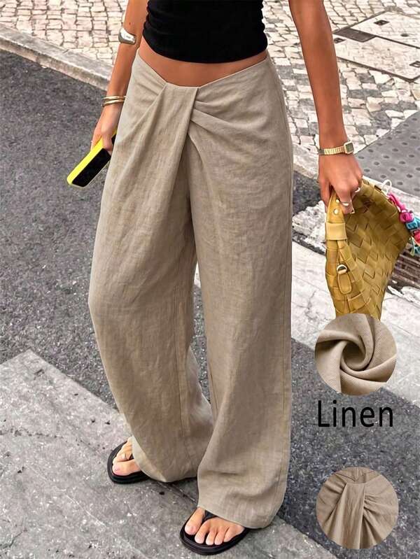 Pantalones de pierna ancha con cintura alta y torsión frontal para mujer, pantalones de pierna ancha sueltos con pliegues drapeados de cintura baja, pantalones casuales para vacaciones de verano, pantalones versátiles de alta gama para ir al trabajo y vacaciones con efecto adelgazante
