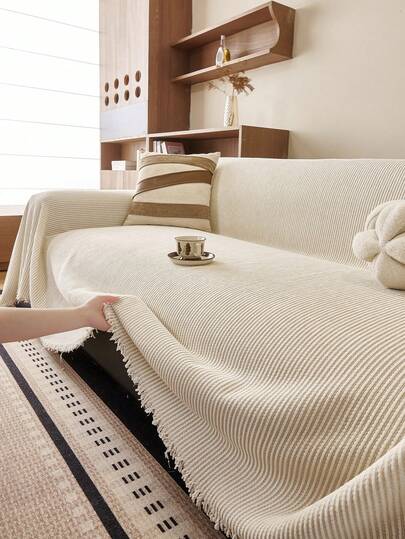 1pc Solid Color Vertical Stripe Tassel Sofa Cover, All-Season Universal Full-Coverage Non-Slip Sofa Protector, Pet-Friendly Anti-Scratch Sofa Cover, Machine Washable Room Decor, Sofa Cover Suitable For Living Room L-Shaped Sofa, Single Sofa, Double Sofa, Three-Seater Sofa, Four-Seater Sofa And Sectional Sofa (Sold Separately)