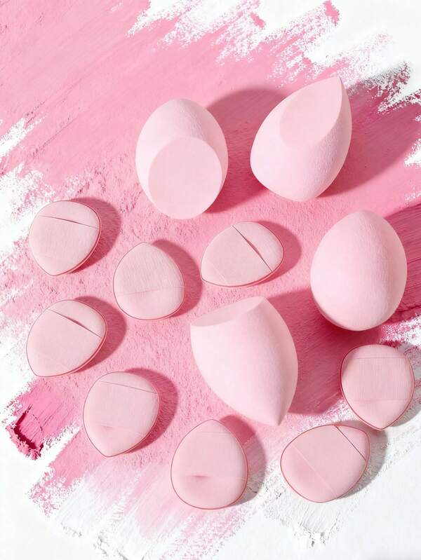 12PCS Pink Makeup Sponge Set, 4 Large Teardrop‑Shaped Beauty Sponges And 8 Mini Finger‑Sized Makeup Puffs, Latex‑Free Wet‑Dry Dual‑Use Cosmetic Sponges For Foundation, Concealer And Loose Powder