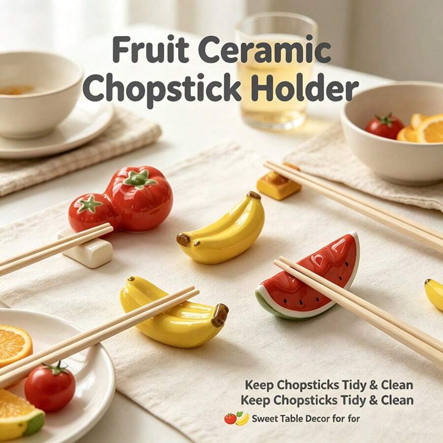 Set Of 3 Cute Fruit Shaped Ceramic Chopstick Rest, Tomato Banana Watermelon Design Chopstick Holder, Adorable Table Decor Kitchen Utensil Rest For Home Dining Restaurant Use - View 1