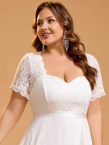 Plus Size Women Solid Color Mature Party Elegant Romantic Chiffon Lace Collar Bridal Gift Party Dress Wedding White Fall - White - View 10