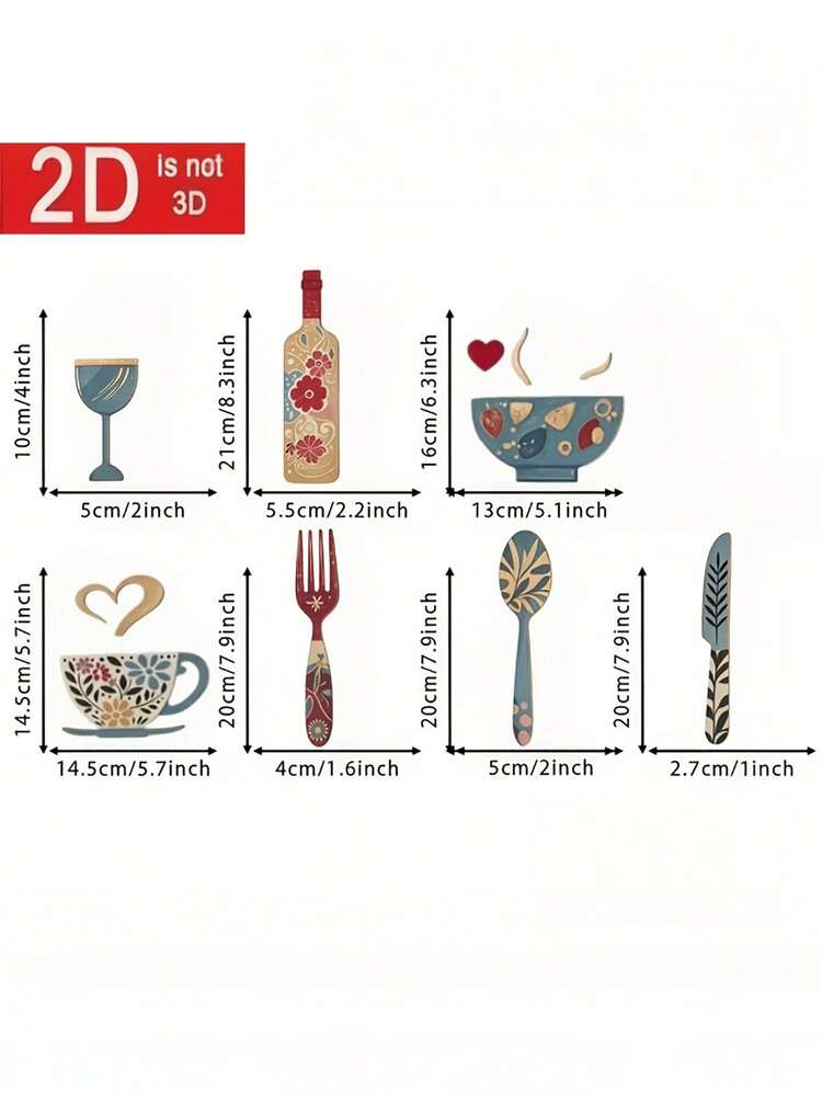 7pcs Creative Wooden Wall Decor Set With Fork, Cup, And Wine Glass Designs - Suitable For Kitchen, Cafe, Restaurant, Bar Wall Decoration, Creative Background Board, Home Decor Sign, Housewarming And Holiday Gift - View 3