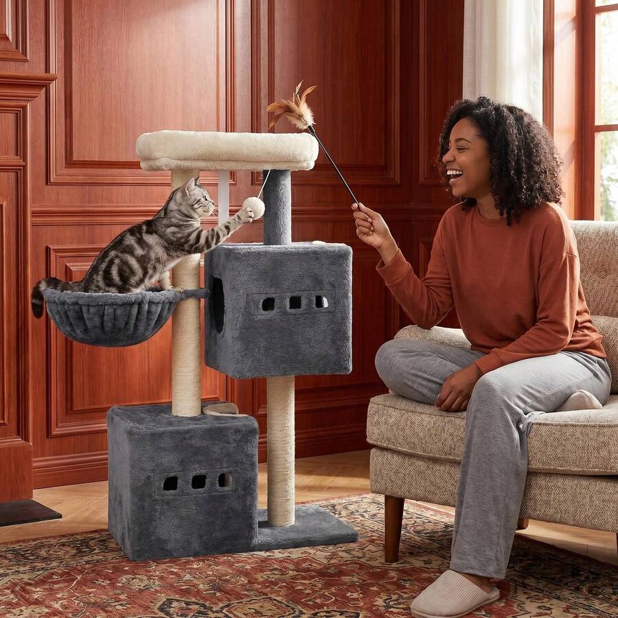 HaluPeit Monochrome Dark Gray Double Cave Cat Tree Style Cat Climbing Frame, 3 Thick Sisal Columns, Grand View Platform, Suitable For Small Apartments - Dark Grey - View 1
