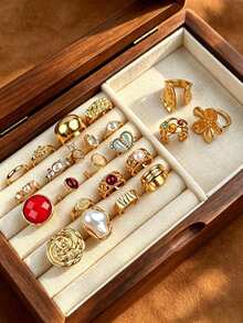Set de 20/13/6 piezas de anillos vintage elegantes bohemios para mujer, joyería de dedo con gemas de colores irregulares y piedra de ojo de gato, para uso diario, fiesta, vacaciones y regalo - Dorado - Ver 4