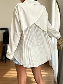 Women's Basic Long Sleeve Woven Shirt, Asymmetric Hem, Classic Collar, Non-Stretch Fabric Top - Light Yellow - View 5