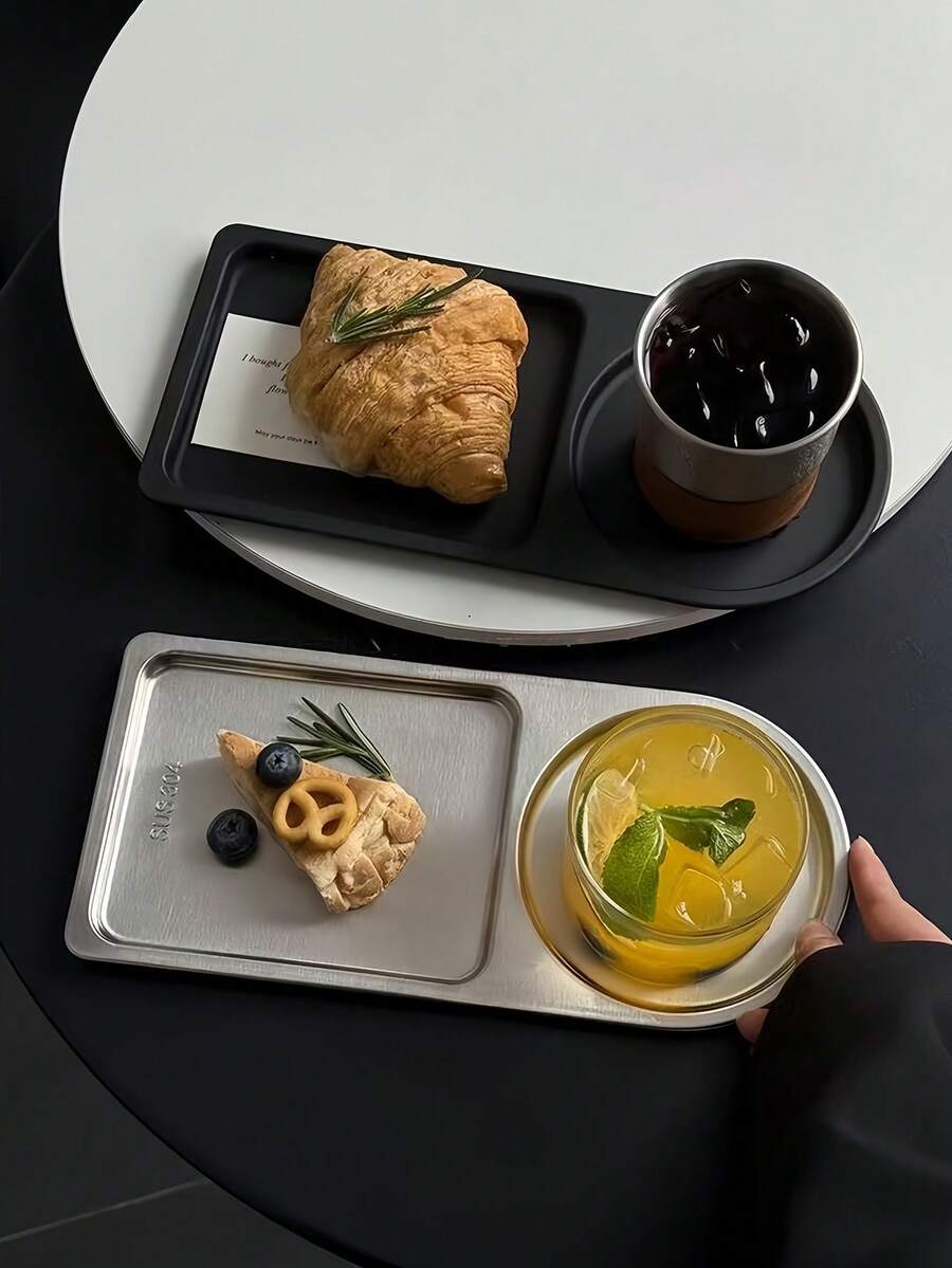 1pc European Luxury Stainless Steel Plate, Vintage Court Style Rectangular Dinner Plate, Ins Style Cake Plate, Exquisite Afternoon Tea Dessert Tray - Multicolor - View 1