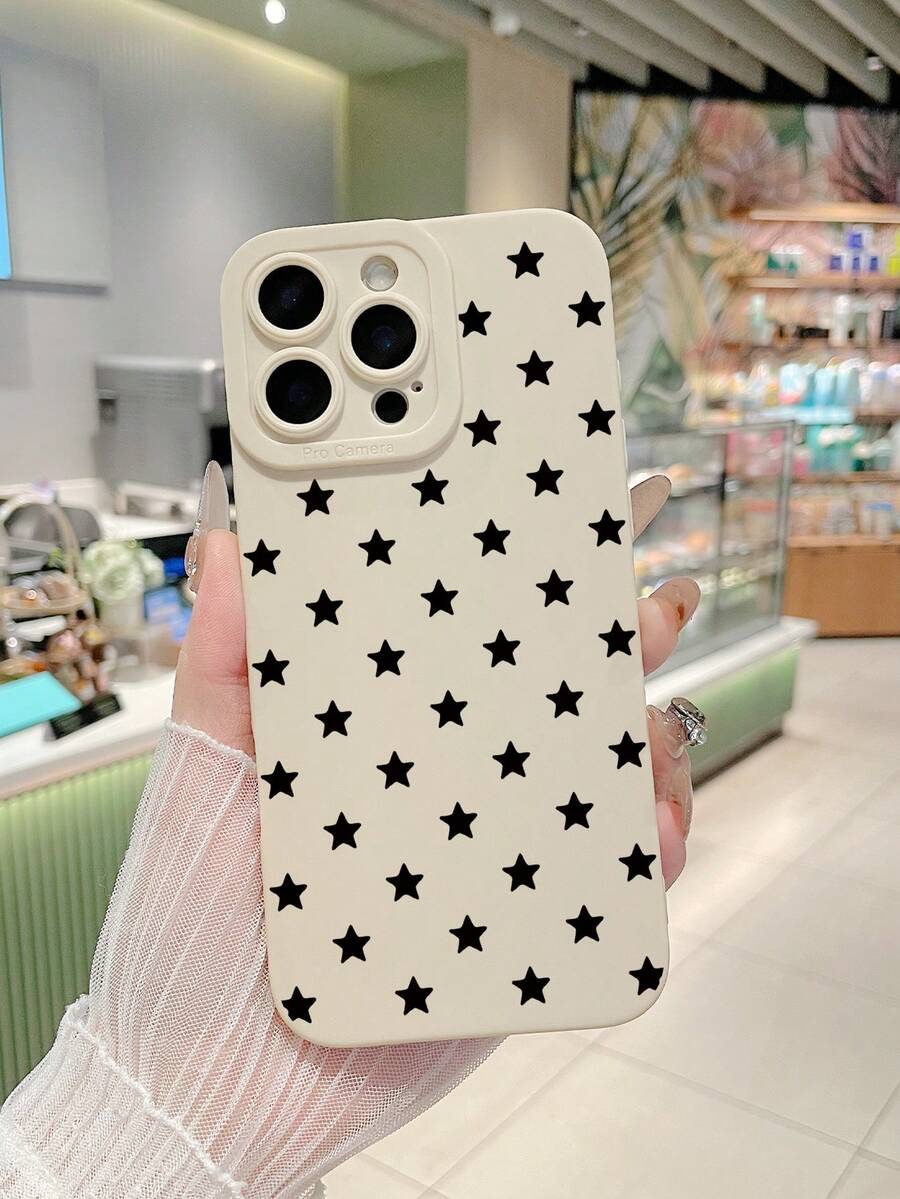 1pc Minimalist Star Phone Case, Full Print Black Five-Pointed Star Pattern, Basic Ins Style Matte Anti-Drop Phone Case #MinimalistStarPhoneCase #CreamBaseBlackStarPrint #LensFrameFullProtection #BasicInsAesthetic #ChristmasGift #NewYearGift #ValentineGift #ThanksgivingGift #BirthdayGift #BackToSchoolGift #DailyPhoneAccessory, Compatible With Iphone Case & Galaxy Case, Compatible With IPhone 17, Compatible With IPhone 17 Pro, Compatible With IPhone 17 Pro Max, Phone Accessories, Fast Shipping - White - View 1