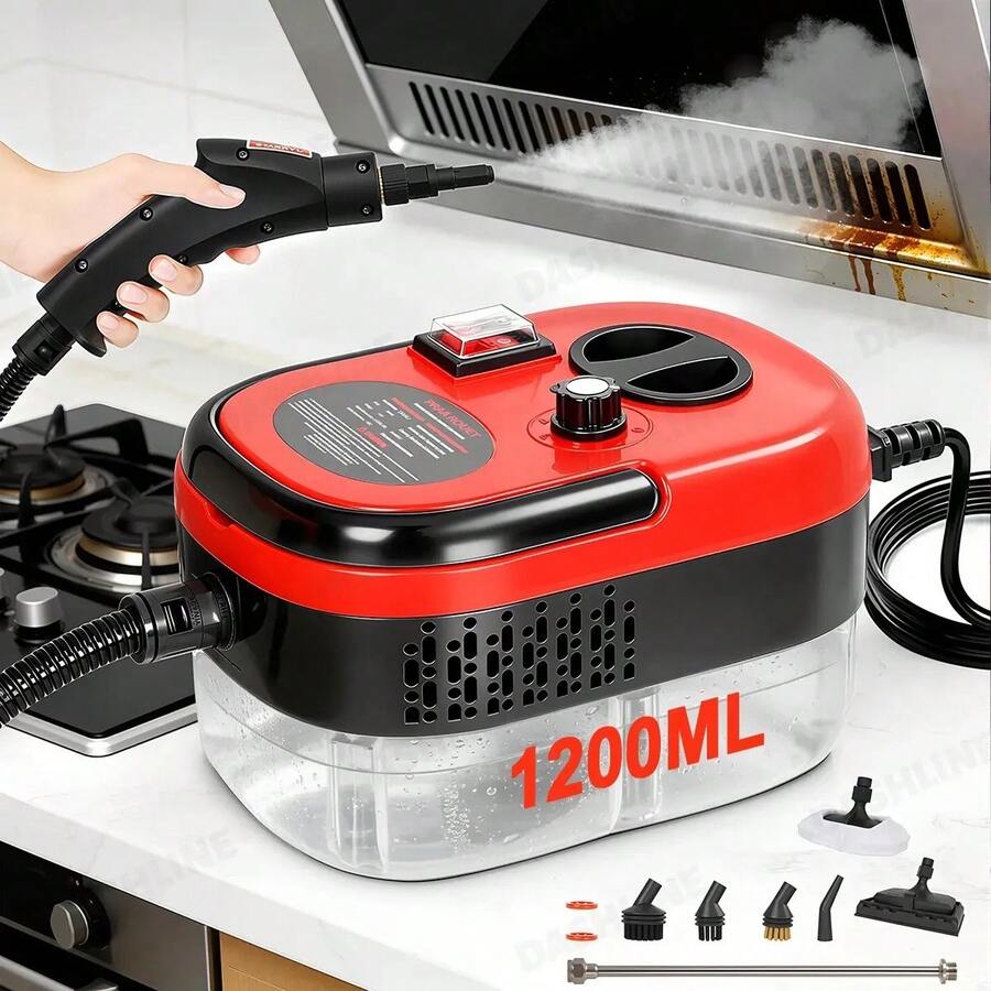 Dashline Limpiador De Vapor De 2500W Mango Ajustable De 6 Niveles Máquina De Limpieza A Vapor Presurizada De Alta Temperatura Con Tanque De Agua De 1200 Ml Para Cocina Baño Coches oficinas Etc - Rojo - Ver 1