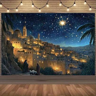 Pancarta plana 2D, tela de fondo con cielo nocturno navideño y silueta de Belén, crea perfectamente una atmósfera sagrada de Navidad, ilumina tus decoraciones navideñas y haz que cada reunión familiar sea talla grande cálida y romántica. Decoraciones navideñas
