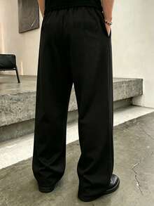 Men's Black Wide Leg Sweatpants New Casual Straight Leg Long Pants, Contrast Beige Drawstring Waist Design, Loose Drape Fit Flattering For All Body Types, Slimming And Leg-Lengthening, Side Pockets Practical For Storing Small Items. Soft Skin-Friendly Knit Fabric, Comfortable And Pill-Resistant, Suitable For Daily Commute, Streetwear, Home And Travel, Versatile All-Match Style, Pairs Well With T-Shirts, Sweatshirts And Sneakers, Simple Solid Color Durable And Timeless, Essential Casual Long Pants For Men. - Black - View 3