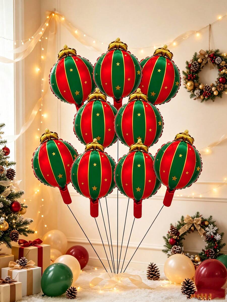 10pcs 37cm Christmas Red & Green Striped Star Shaped Colorful Hanging Balloons, Suitable For Christmas Indoor & Outdoor Party Decoration Props (Ribbon Not Included) - View 1