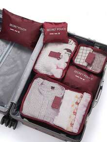XD 6pcs Small Letter Pattern Waterproof Travel Storage Bags Set, Packing Cubes Set, Travel Luggage Organizer Bags, Suitcase Storage Bags Travel Accessories, Multifunctional Lightweight Storage Bags, Dust-Proof Travel Bags, Multifunctional Clothing Sorting Storage Bags, Travel Compression Bags, Home And Travel Dual Use - Burgundy - View 2