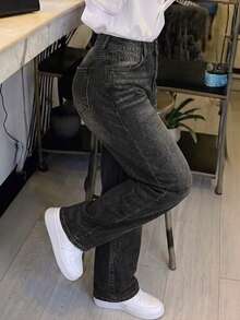 Women's Casual Grey Straight Leg Jeans, Long Non-Stretch Button Detail Vintage Punk Style Pants, Suitable For Daily Wear, High Waist Design - Dark Grey - View 3