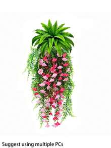 人造吊掛蕨類與花卉植物套組 - DIY 50cm/76cm 仿真綠植，適用於居家花園露台裝飾 (4件裝) - 雙色粉+波斯組合 - 查看 3