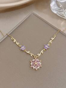 Elegant Luxury Flower Zirconia Chain Necklace Earrings Set For Women Golden Chain And Hoops Earrings For Birthday Valentine's Day Party Jewelry Gifts - Multicolor - View 3