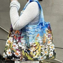 1 Set/1 Piece Women's Foldable Tote Bag, Large Capacity Shopping Bag, Oil Painting Style, Washable, Minimalist Design, Versatile, Suitable For Commuting, Travel, Shopping, Convenient Opening And Closing Design, Multi-Functional - Multicolor - View 9